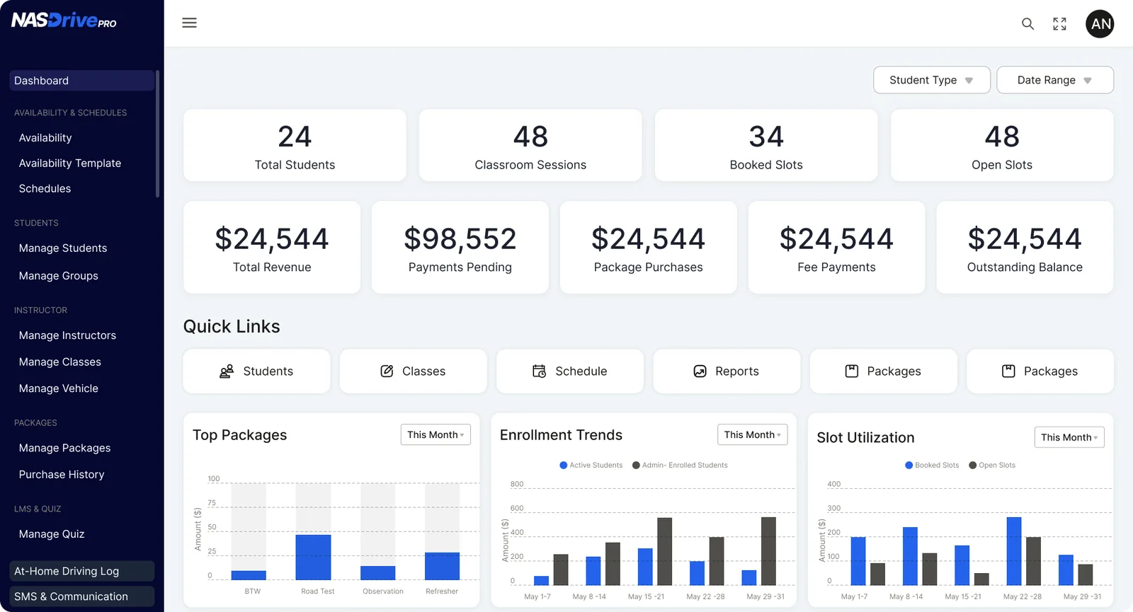 The NASDrive admin dashboard with student, revenue, and enrollment figures.