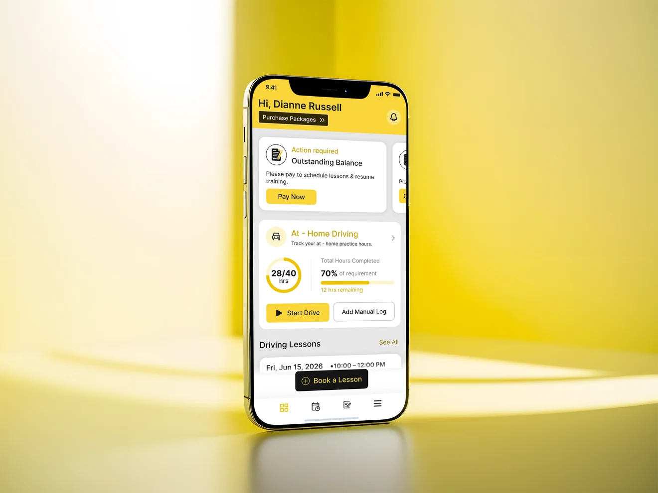 The NASDrive student app showing an outstanding balance and lesson progress on a phone.