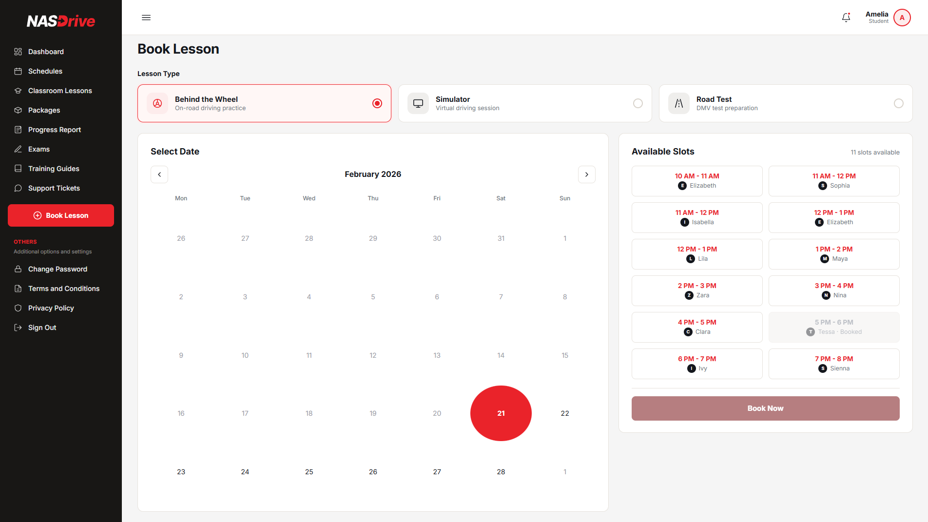 NASDrive PRO Book Lesson screen with lesson type, calendar and available slots