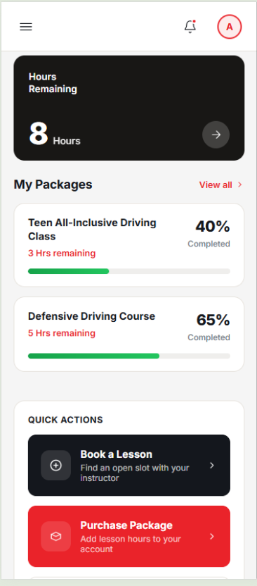 NASDrive PRO student mobile app showing hours remaining and package progress